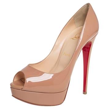 Pre Owned Christian Louboutin Beige Patent Leather Lady Peep Toe Platform Pumps Size 38.5