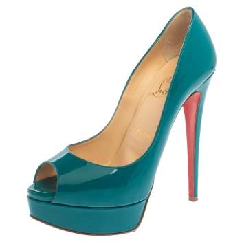 Pre Owned Christian Louboutin Blue Patent Leather Lady Peep Pumps Size 37.5