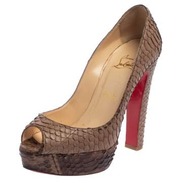 Pre Owned Christian Louboutin Brown Python Peep Toe Platform Pumps Size 38