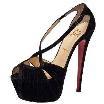 Pre Owned Christian Louboutin Black Suede Criss Cross Platform Sandals Size 38 