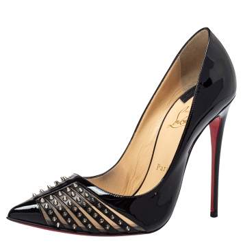 Pre Owned Christian Louboutin Black Patent Leather Bareta Spike-Embellished Pumps Size 38