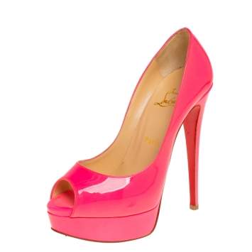 Pre Owned Christian Louboutin Pink Patent Leather Lady Peep Toe Platform Pumps Size 37.5