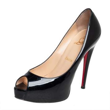 Pre Owned Christian Loubuton Black Patent Leather Lady Peep Platform Pumps Size 37