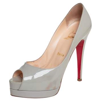 Pre Owned Christian Louboutin Grey Patent Leather Altadama Peep Toe Platform Pumps Size 36.5