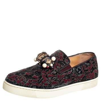 Pre Owned Christian Louboutin Burgundy/Black Printed Velvet Jewel Slip On Sneakers Size 37