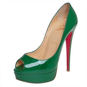 Pre Owned Christian Louboutin Green Patent Leather Lady Peep Toe Platform Pumps Size 38.5