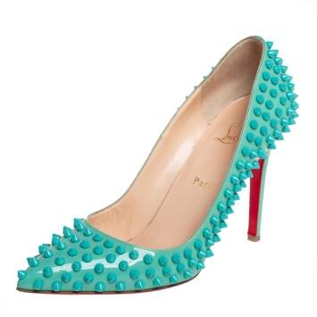 Pre Owned Christian Louboutin Blue Patent Leather Pigalle Spikes Pumps Size 39