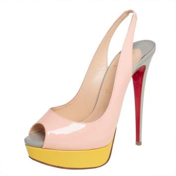 Pre Owned Christian Louboutin Multicolor Patent Leather Lady Peep Toe Slingback Platform Sandals Size 39.5