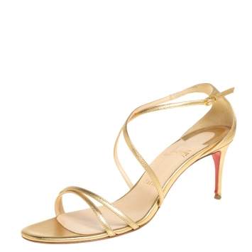 Pre Owned Christian Louboutin Gold Leather Ankle Strap Sandals Size 39