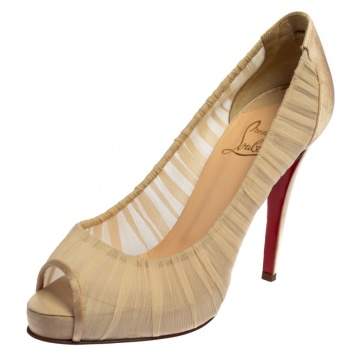 Pre Owned Christian Louboutin Beige Fabric And Satin Ambrosina Peep Toe Pumps Size 38.5