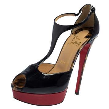 Christian Louboutin Black Patent Jilopa T Strap Platform Sandals Size 37.5