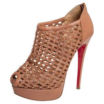 Pre Owned Christian Louboutin Brown Leather Kasha Caged Peep Toe Booties Size 38.5