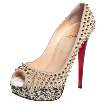 Pre Owned Christian Louboutin Beige Suede Lady Peep Spike Platform Pumps Size 38.5