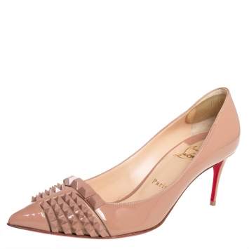 Pre Owned Christian Louboutin Beige Patent Leather And Mesh Pyrami Pumps Size 38.5