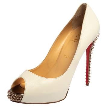 Pre Owned Christian Louboutin White Leather New Prive Spike Heel Peep Toe Platform Pumps Size 39