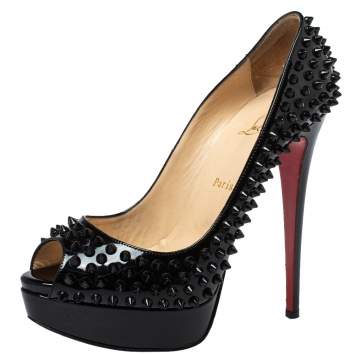 Pre Owned Christian Louboutin Black Patent Leather Lady Peep Toe Spike Platform Pumps Size 40