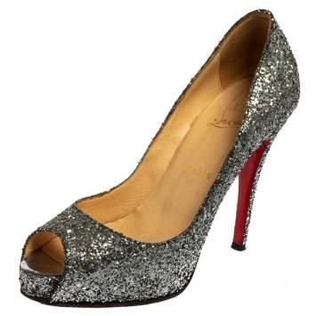 Pre Owned Christian Louboutin Metallic Grey Glitter Fabric New Very Prive Peep Toe Pumps Size 38