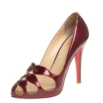 Pre Owned Christian Louboutin Burgundy Patent Leather and Mesh Pumps Size 36