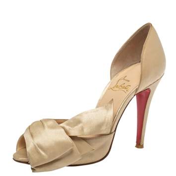 Pre Owned Christian Louboutin Beige Satin Bow T Dorcet Peep Toe Pumps Size 36.5
