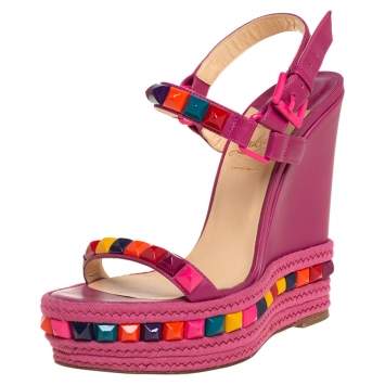 Pre Owned Christian Louboutin Pink Leather Cataclou Espadrille Wedge Sandals Size 36