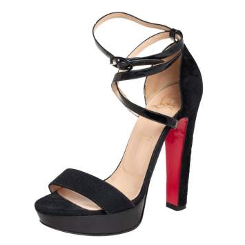 Pre Owned Christian Louboutin Black Suede And Canvas Ankle Strap Platform Sandals Size 38
