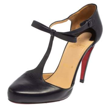 Pre Owned Christian Louboutin Navy Blue Leather Bow Detail T- Strap Pumps Size 38.5