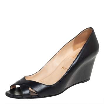 Pre Owned Christian Louboutin Black Leather Riveto Peep Toe Wedge Sandals Size 38