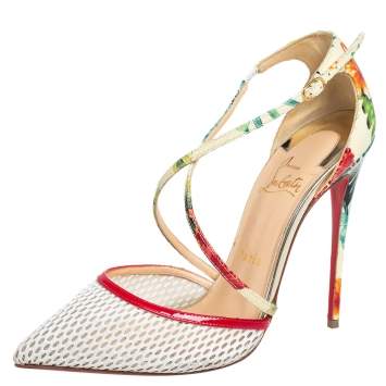 Pre Owned Christian Louboutin Multicolor Mesh And Printed Patent Leather Cross Blake Pumps Size 38.5