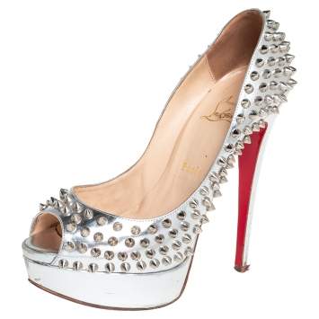 Pre Owned Christian Louboutin Silver Leather Lady Peep Toe Spikes Pumps Size 38