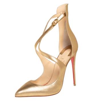 Pre Owned Christian Louboutin Gold Leather Marlena Rock Pointed Toe Pumps Size 38.5