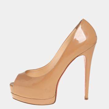 Pre Owned Christian Louboutin Beige Patent Leather Palais Royal Peep Toe Platform Pumps Size 40.5