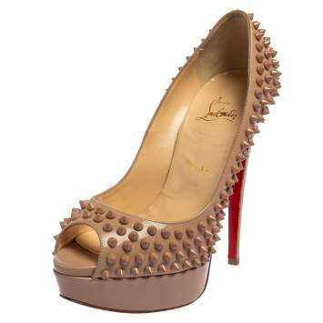 Pre Owned Christian Louboutin Beige Patent Leather Lady Peep Toe Spike Platform Pumps Size 38.5