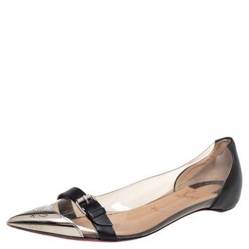 Pre Owned Christian Louboutin Black/Gold Leather And PVC Buckle Ballet Flats Size 39