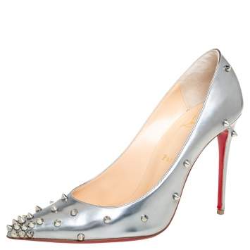Pre Owned Christian Louboutin Silver Leather Degraspike Pumps Size 38.5