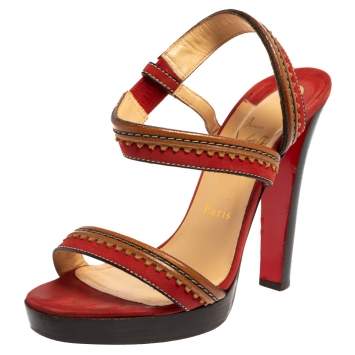 Pre Owned Christian Louboutin Red/Brown Leather And Suede Trepi City Sandals Size 39.5