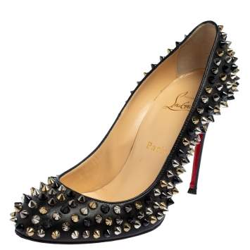 Pre Owned Christian Louboutin Black Leather Fifi Spikes Pumps Size 38.5 