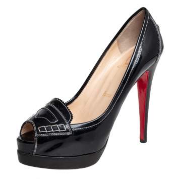 Pre Owned Christian Louboutin Black Patent Leather Peniche Peep-Toe Pumps Size 38.5