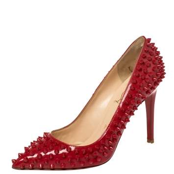 Pre Owned Christian Louboutin Red Patent Leather Pigalle Spikes Pumps Size 37.5