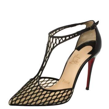 Pre Owned Christian Louboutin Black Lace and Mesh Salonu Pointed Toe T Strap Sandals Size 36