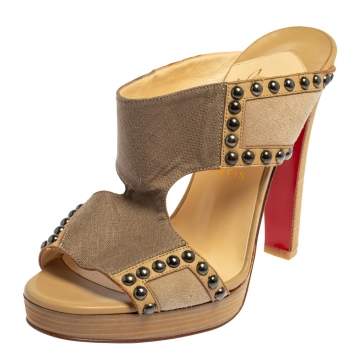 Pre Owned Christian Louboutin Beige/Brown Canvas And Leather Hassaneta Sandals Size 38