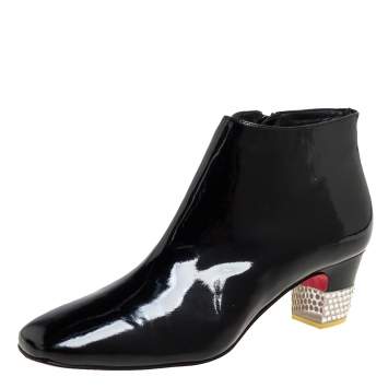 Pre Owned Christian Louboutin Black Patent Leather Zipper Detail Ankle Boots Size 38.5