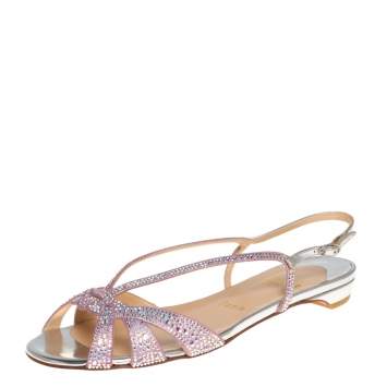 Pre Owned Christian Louboutin Pink Metallic Leather Lady Strass Crystal Embellished Flats Size 36