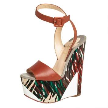 Pre Owned Christian Louboutin Green/Brown Leather and Canvas Tromploia Wedge Platform Sandals Size 35