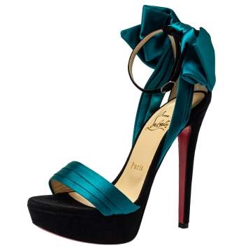 Pre Owned Christian Louboutin Turquoise Vampanodo Satin Bow Sandals Size 35.5
