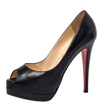 Pre Owned Christian Louboutin Black Leather Palais Royal Peep Toe Platform Pumps Size 38