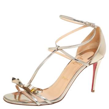 Pre Owned Christian Louboutin Metallic Gold Patent Leather Ankle Strap Sandals Size 40