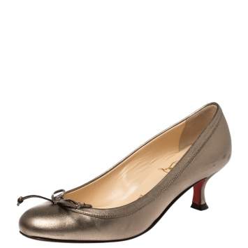Pre Owned Christian Louboutin Metallic Olive Green Leather Bow Pumps Size 35.5