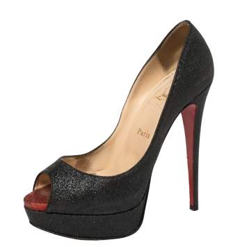 Pre Owned Christian Louboutin Dark Grey Glitter Fabric Lady Peep Toe Platform Pumps Size 38