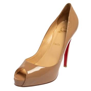 Pre Owned Christian Louboutin Beige Patent Leather New Very Prive Peep Toe Platform Pumps Size 39.5