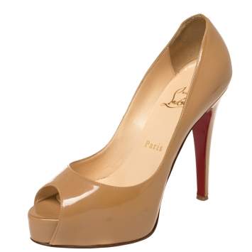 Pre Owned Christian Louboutin Beige Patent Leather New Prive Platform Pumps Size 36.5